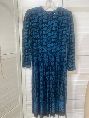 Vintage 80s Lanz Dress Women’s Multicolor Black Teal Floral Fit Flare Midi Med